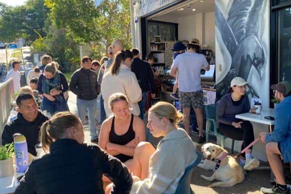 The early Saturday morning crowd outside Blackbird Espresso in Camp Hill.