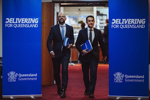 Treasurer David Janetzki and Premier David Crisafulli handed down the LNP’s second budget on Tuesday.