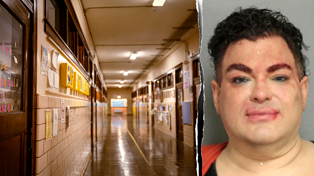New York school board member mug shot and school hallway