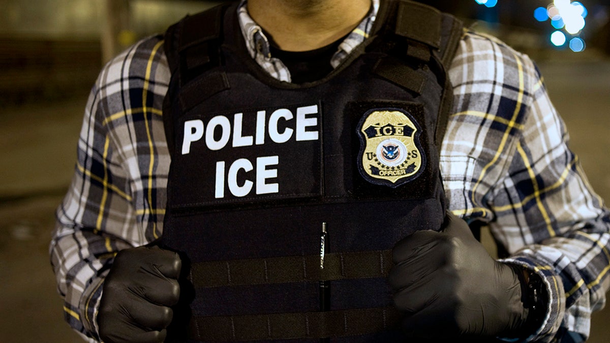 U.S. Immigration and Customs Enforcement agent standing at the U.S.-Mexico border in San Diego, California