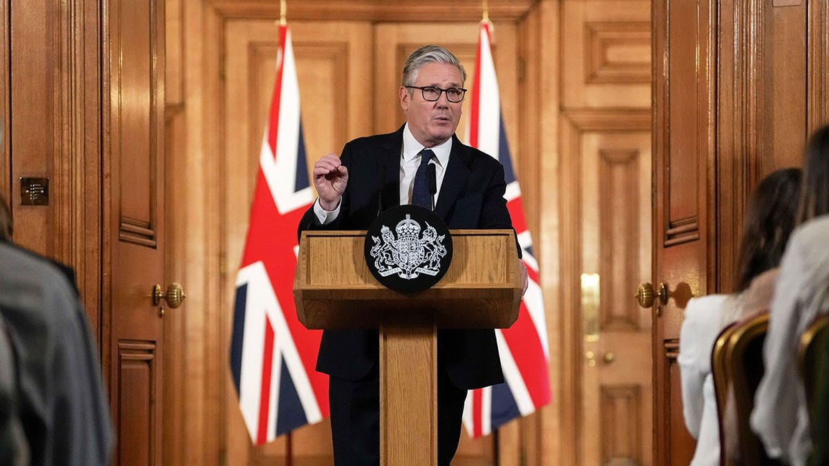 Britain's Prime Minister Keir Starmer speaking at a press conference at Downing Street in London