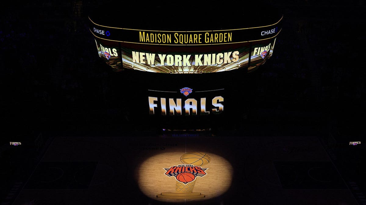The court at Madison Square Garden before Game 1 of the NBA Finals with fans arriving.