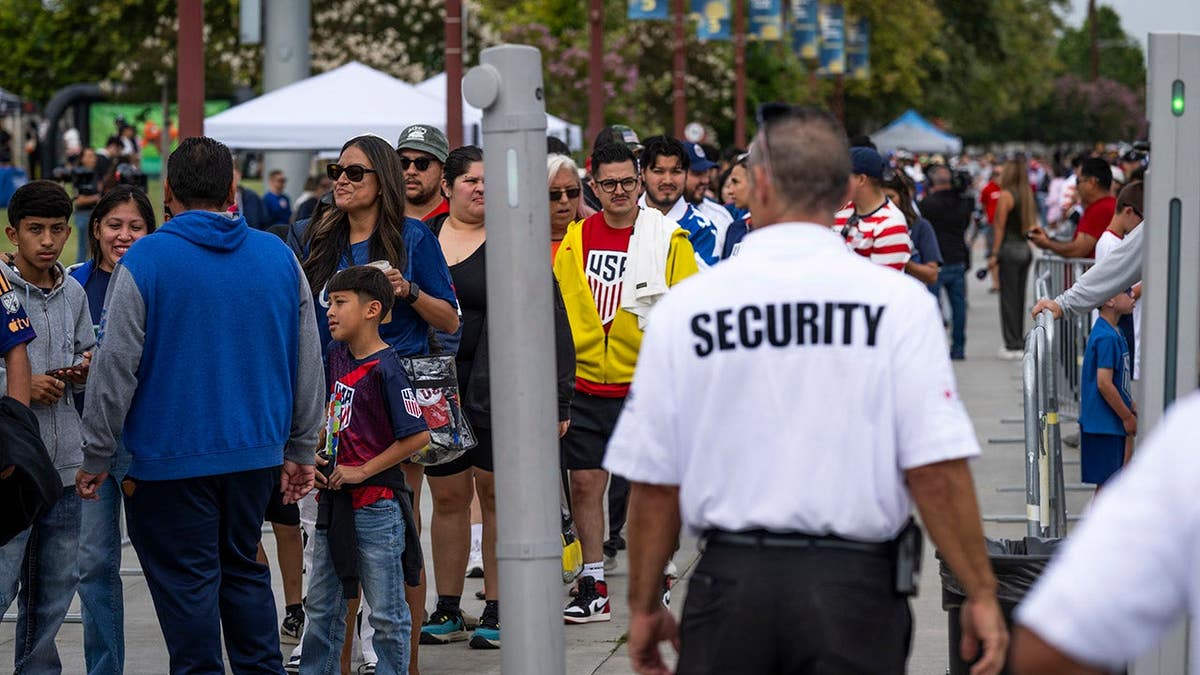 Fans going through security at Great Park Championship Soccer Stadium in Irvine