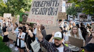 Ukrainians hold rare wartime protest over defence minister’s dismissal