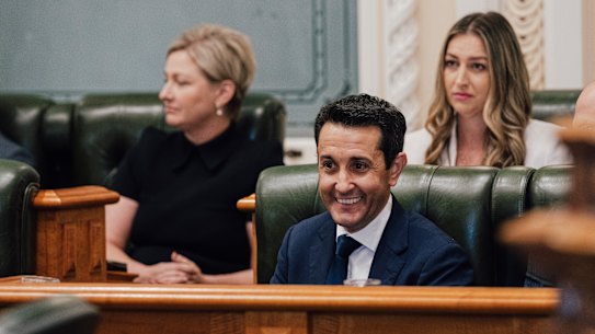 Premier David Crisafulli and Youth Justice Minister Laura Gerber (back right) will expand the LNP’s Adult Crime, Adult Time laws to include mandatory sentencing for children on bail. 