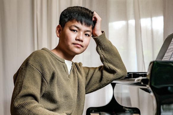 Good to be back home: Charlie Wu practising at his home in Wheelers Hill, Melbourne.