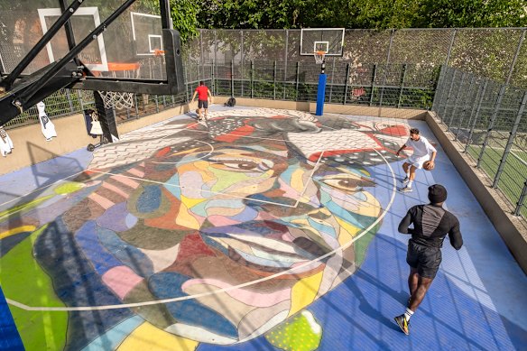 An artist impression of a new basketball court published by Brisbane City Council, which says it will upgrade parks across the city before the 2032 Brisbane Olympic Games. 