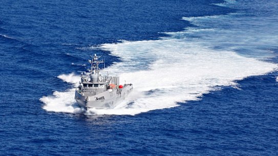 A US naval vessel, USV Ranger, on the Pacific Ocean during a training exercise in 2023.