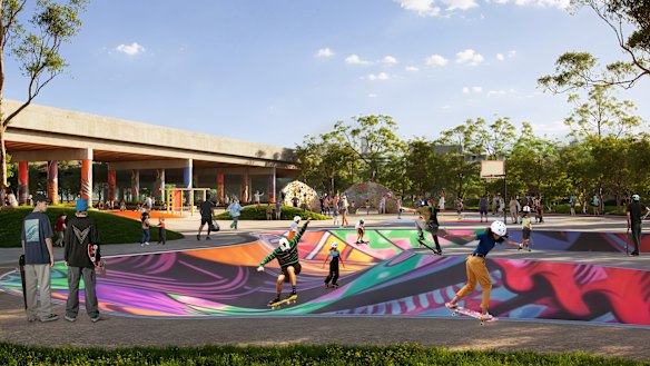 An artist impression of the “low line” shows a skate park, playground, rock climbing wall, outdoor gym equipment, basketball court and extensive street murals.