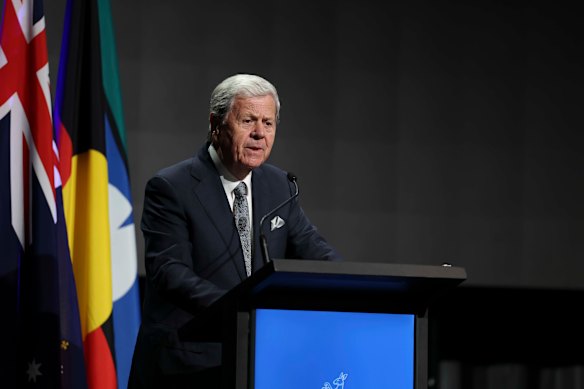 Ray Martin speaks at Derryn Hinch’s state funeral in Melbourne on Monday.