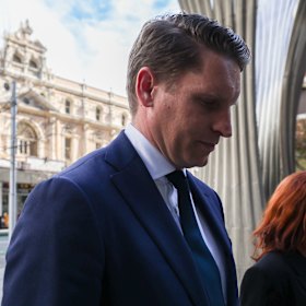 Andrew Hastie arriving at David Malcolm Justice Centre on Monday. Hastie has sat in on the case every day so far.