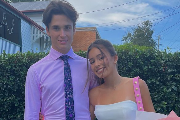 Fletcher Beasley and long-term partner Angelina in 2021. Beasley graduated from Brisbane Boys’ College in 2022.