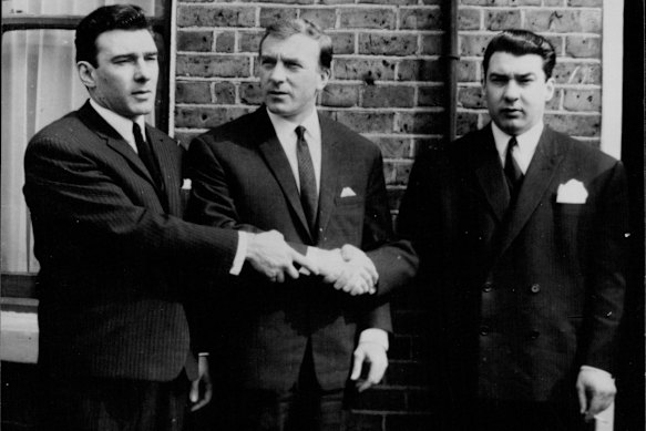 Ideal Big Build buddies. Reggie Kray (left) and Ronnie Kray with brother Charlie (middle). August 31, 1982.