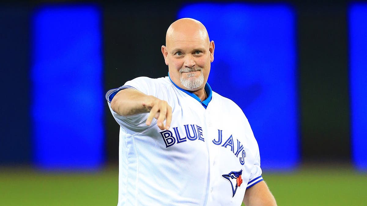 Duane Ward throws a ceremonial first pitch at Rogers Centre.