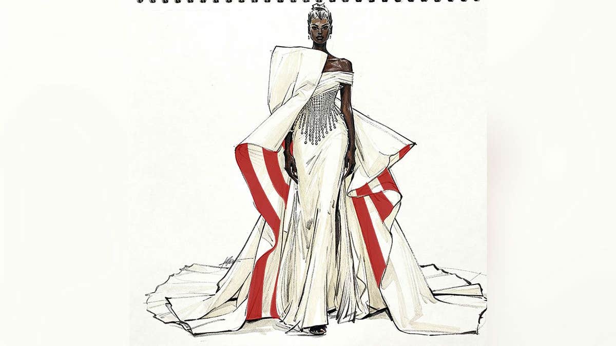 Fashion sketch of the America250 patriotic gown inspired by Betsy Ross' American flag by designer Kate Wasserbach Moore