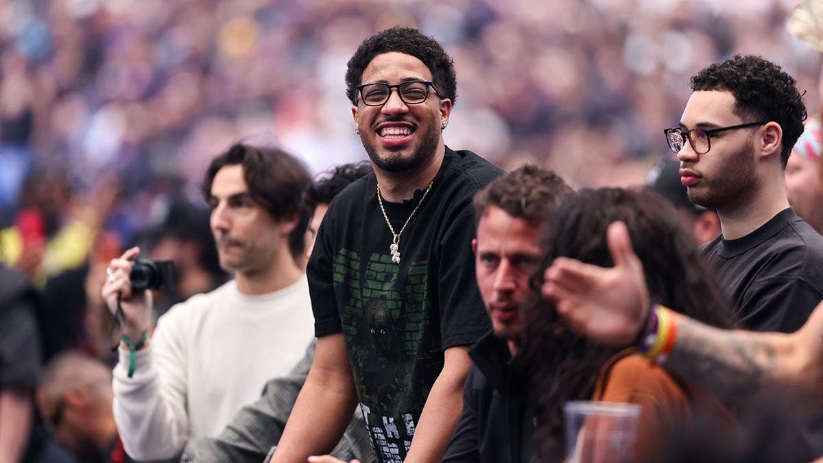 Tyrese Haliburton stands in attendance at Allegiant Stadium.