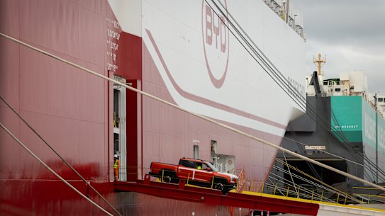 A BYD vehicle is driven off the car maker’s ship at Port Melbourne on Tuesday.