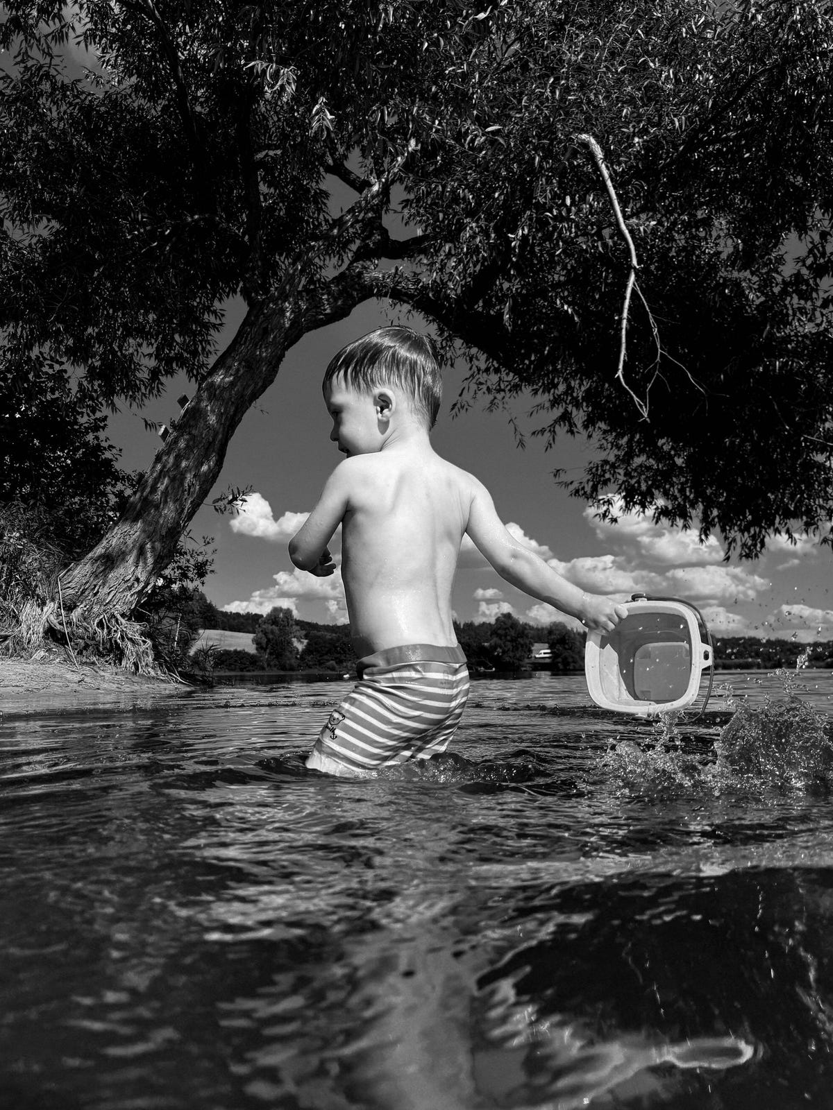 A young boy stands in water framed by a tree in the background.