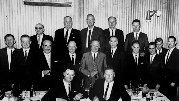 Mafia buster John T. Cusack (middle row, fourth from left) at a farewell dinner with homicide detectives in 1964.
