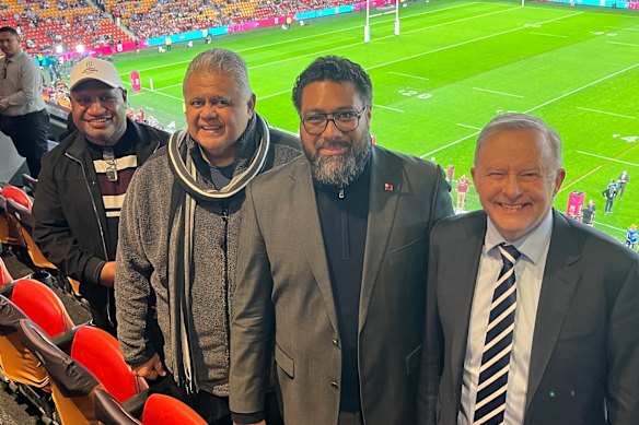 Prime Ministers: The leaders of (from left) Papua New Guinea, James Marape; Samoa, Laaʻauli Leuatea Schmidt; and Tonga, Lord Fakafanua, with Anthony Albanese at Suncorp Stadium. July 8, 2026.