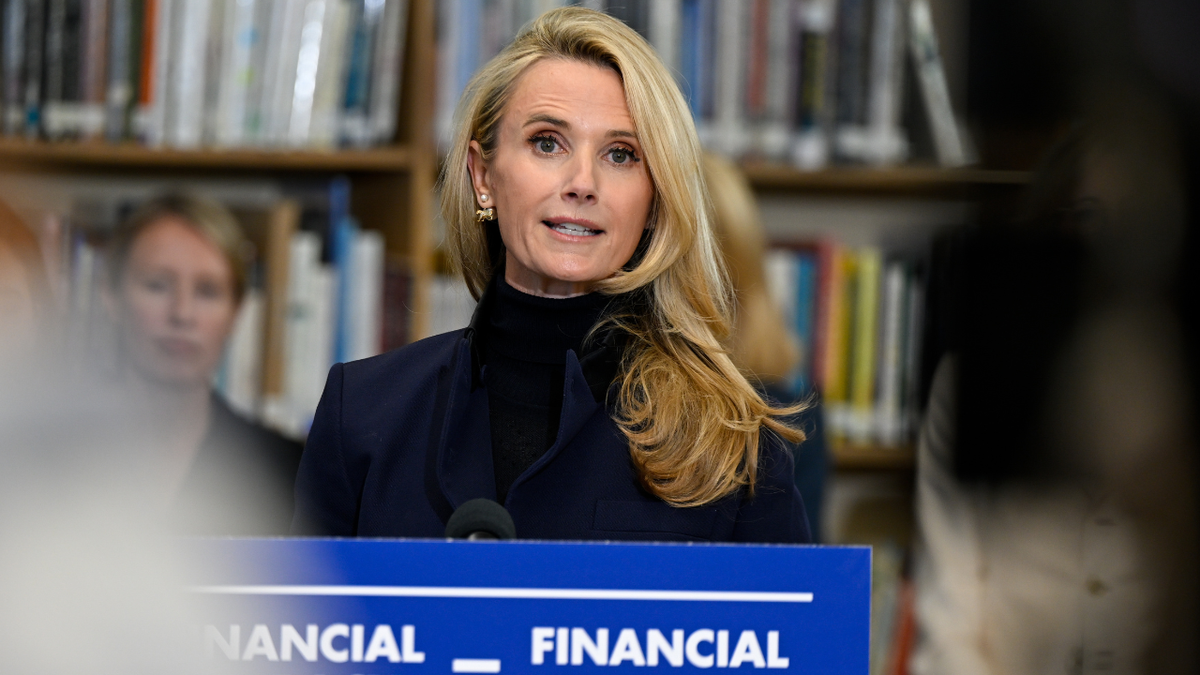 Gavin Newsom's wife Jennifer Siebel Newsom is seen speaking to an audience.