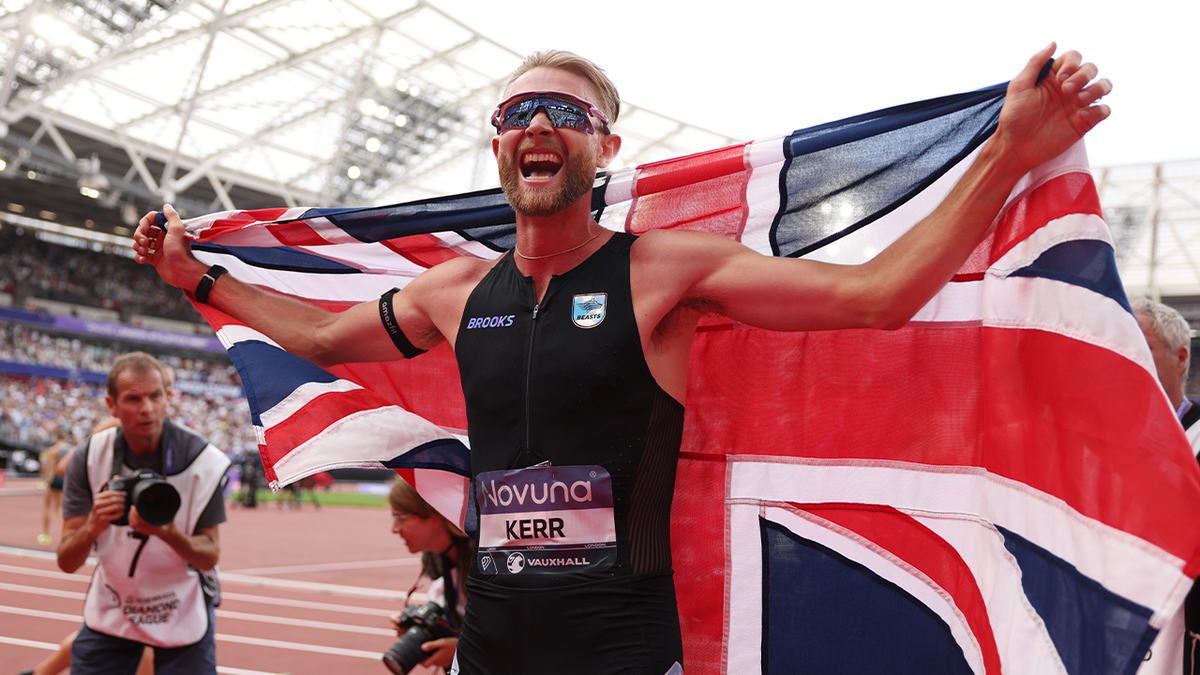 Josh Kerr celebrates men's mile world record with British flag.
