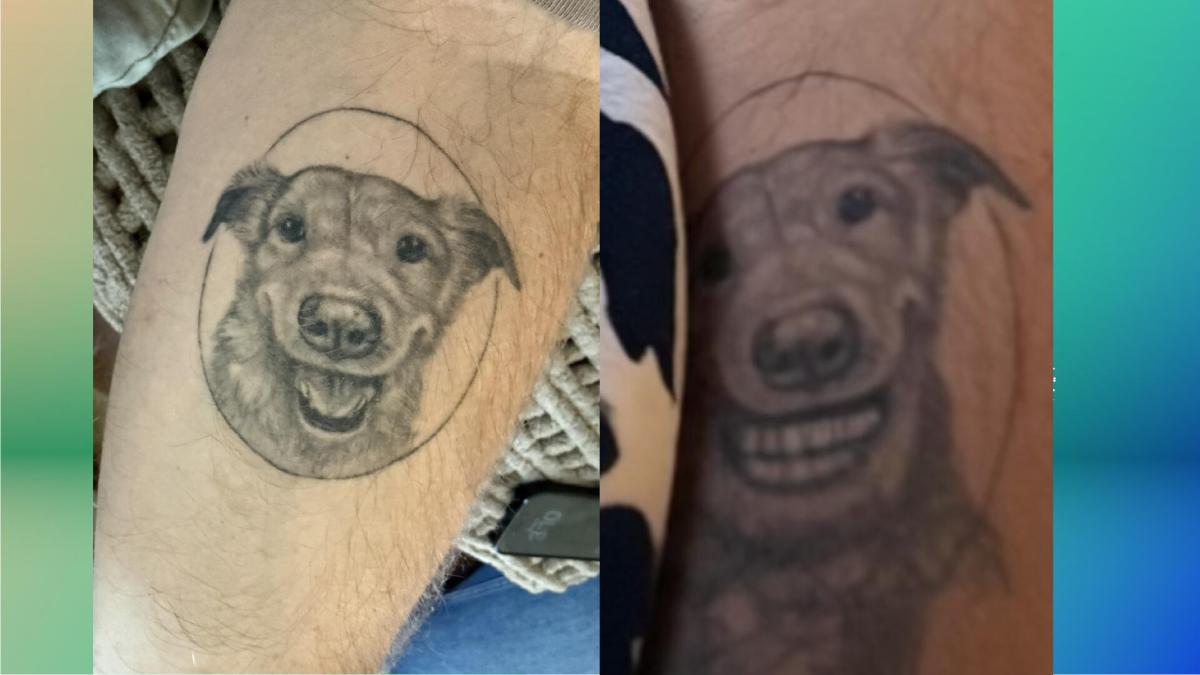 Two photos side-by-side showing a tattoo of a dog. The photo on the left is untouched while the photo on the right has had Apple's Extend feature used on it. That photo has been distorted.