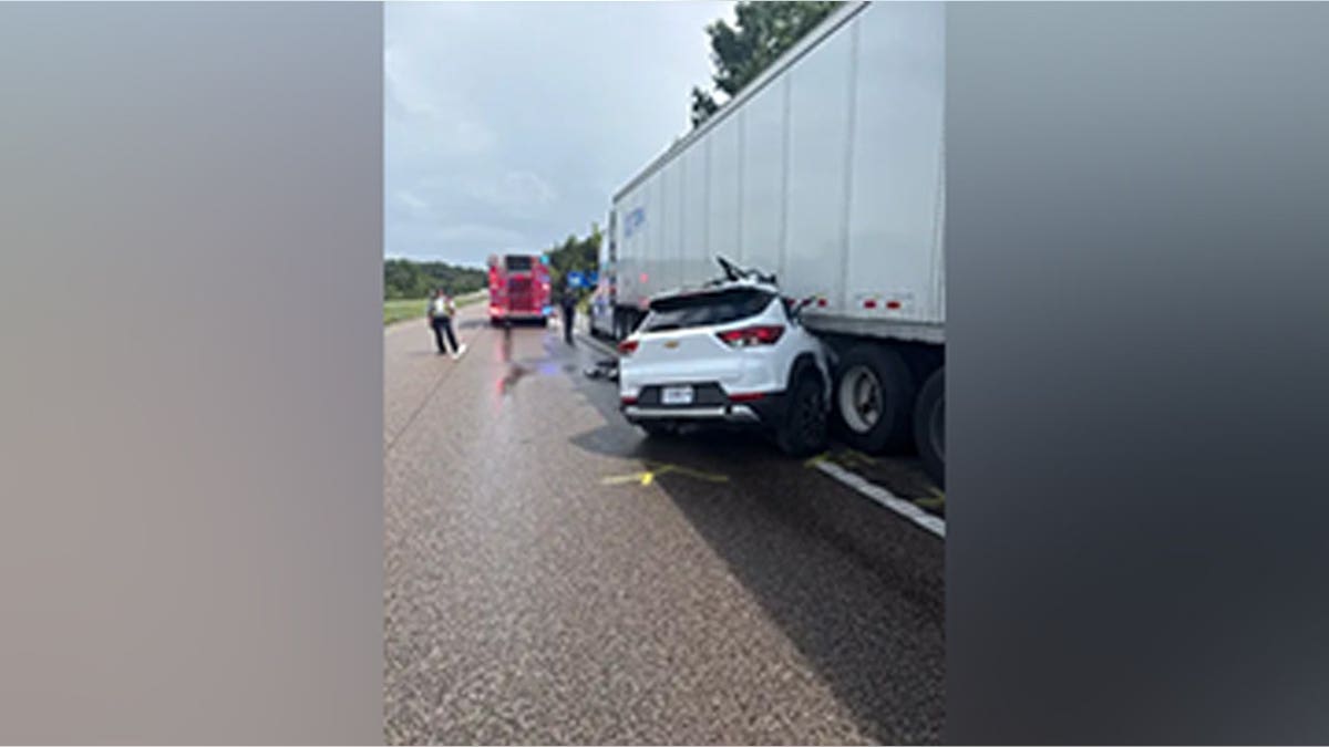 The aftermath of a crash involving a tractor-trailer outside Festus, Missouri