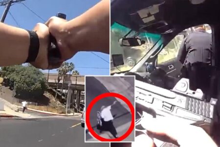 LAPD release hail of bullets on suspect who shot officer –– as wild video reveals intense chase and shootout