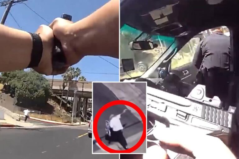 LAPD release hail of bullets on suspect who shot officer –– as wild video reveals intense chase and shootout