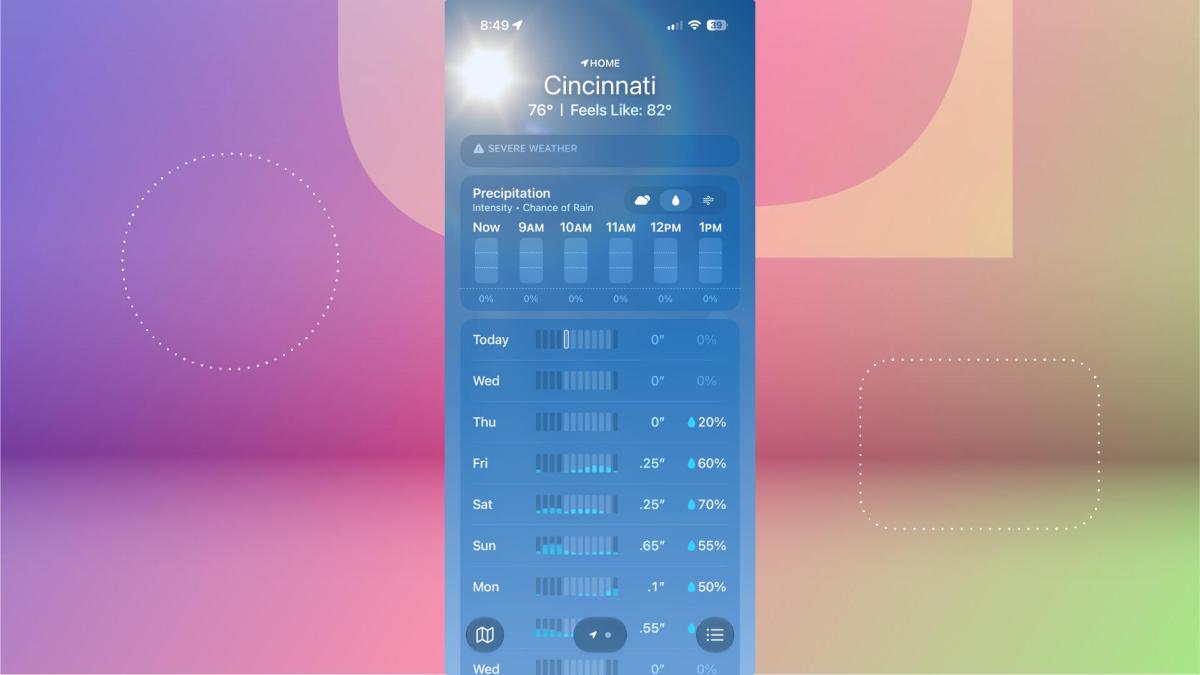 A look at the precipitation menu in Weather in iOS 27 public beta 1.
