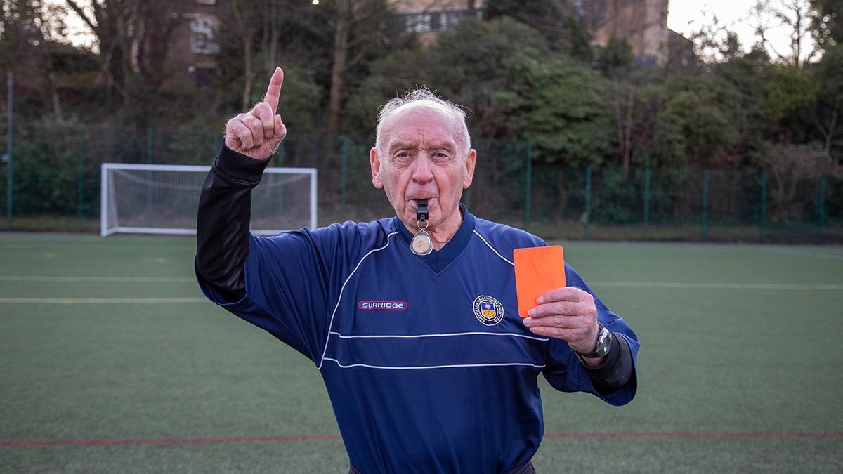 FILE PHOTO - Frank Foster. // The world's oldest footage referee is still dishing out red and yellow cards AGED 93 - and reckons he can still teach