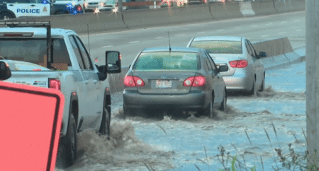 Localized flooding on Yellowhead Trail following overnight storm