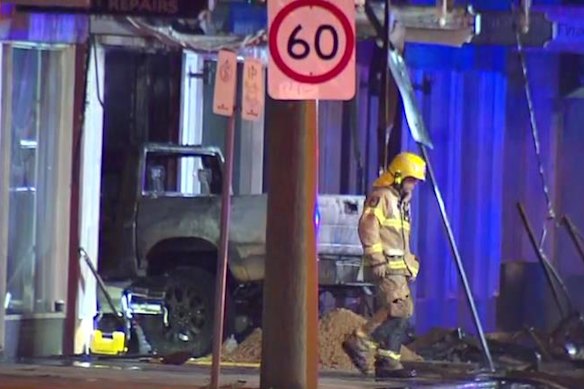 Fire gutted the Midland business after a ute was rammed through the front of the shop.