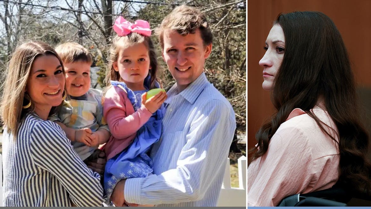 Split picture of Lindsay Clancy with kids and husband and Lindsay Clancy in court to the right
