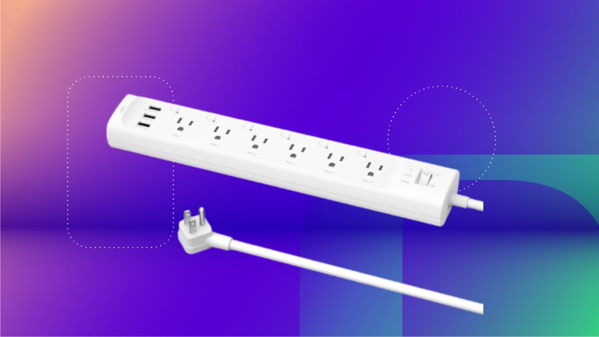 Tapo's white power strip against a CNET background.