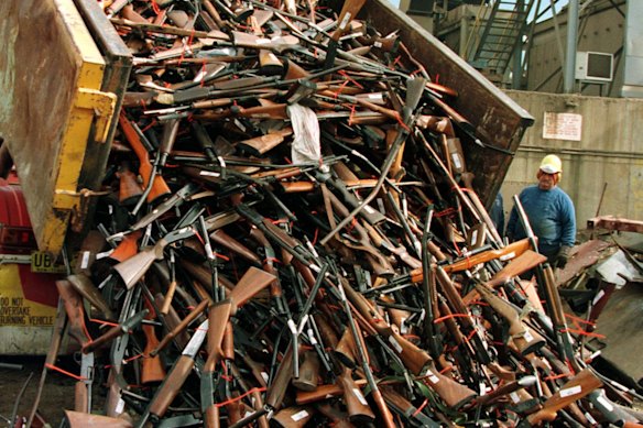 A truck unloads prohibited firearms at a scrap metal yard in 1997 after the Port Arthur massacre a year earlier.
