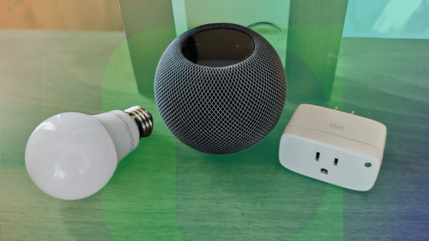 Apple HomePod Mini, Hue light bulb, and Eve Energy smart plug on colorful background.