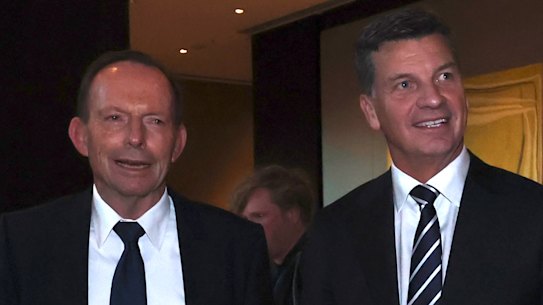 New Liberal Party president former prime minister Tony Abbott with Liberal leader Angus Taylor at the party’s federal conference last weekend. Abbott is a leading opponent of net zero.