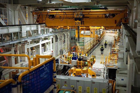 The rear part of the boring machine, where concrete segments are brought in on specialised trucks.