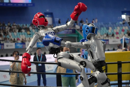 Robots compete at the Free Combat event of the World Humanoid Robot Games. 