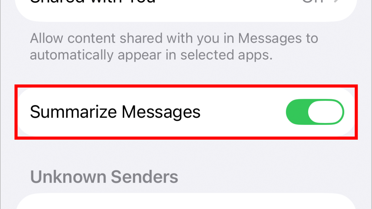 iPhone setting screenshot turning off the Summarize Messages option in the Messages.