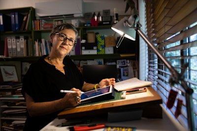 Cartoonist Cathy Wilcox at her home studio.