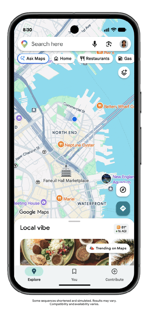 In an animation, a user asks for a decently priced hotel for an upcoming conference. Ask Maps pulls up several options.