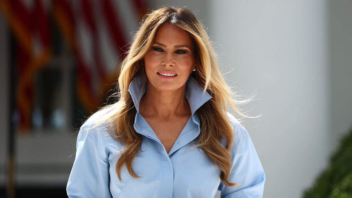 First lady Melania Trump attends an event in the Rose Garden of the White House.