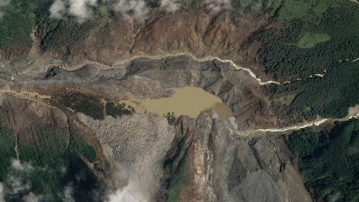 A satellite image shows one of two lakes at the site of the glacial collapse,in the border area between Nepal and Tibet Autonomous Region, China, August 28, 2026.