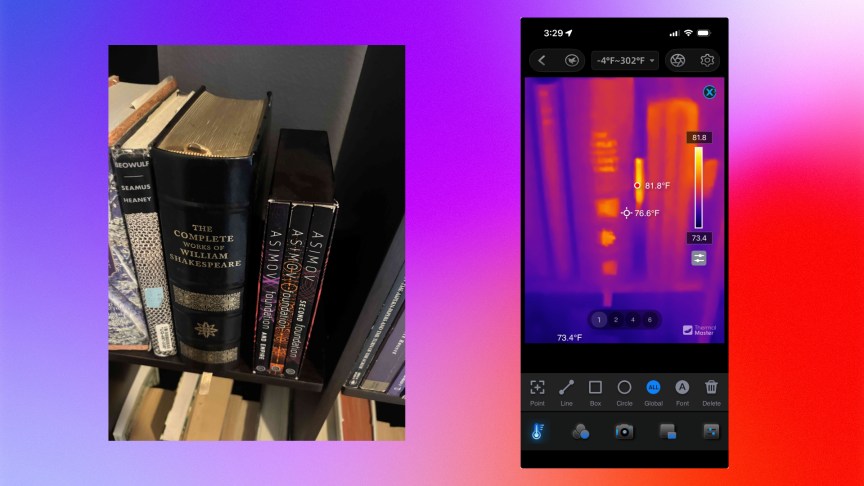 Side by side comparison of hidden camera on bookshelf with thermal imaging.