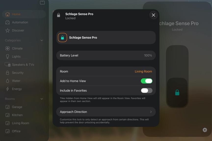 Apple Home app showing Schlage lock settings.