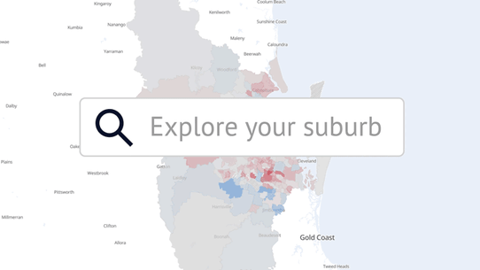 Animated graphic of Brisbane birthrates over time with “Search your suburb” search box overlay
