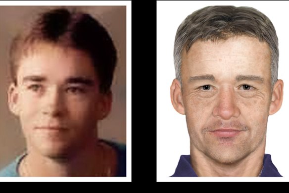 Greg Delaney (left) as a young man and an Australian Federal Police image of what he might look like now, aged 58.